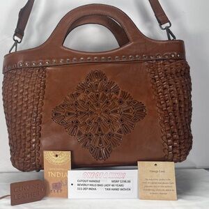 Hand Woven Brown Leather Handbag with cutout handles and strap Made in India